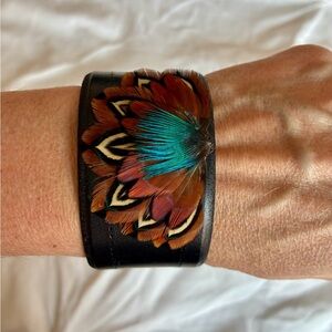 Black Leather Cuff with Feather Design